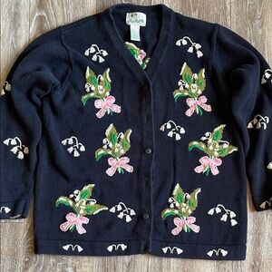 The Quacker Factory Women’s M Cardigan Navy Blue Knit Lilly of Valley Bouquets